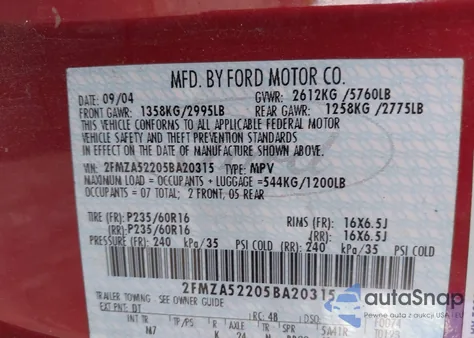 2005 Ford Freestar Sel z USA, uszkodzony, nr VIN 2FMZA52205BA20315